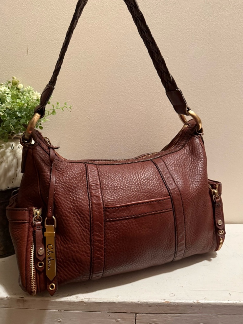 Cole Haan Hobo Brown Leather Shoulder Bag With Braided Strap - Picture 2 of 15